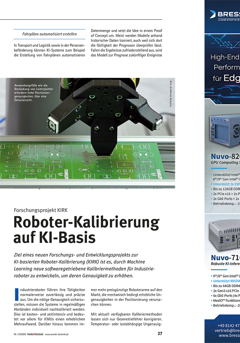 First page of the article "AI-based robot calibration" of the Markt und Technik magazine